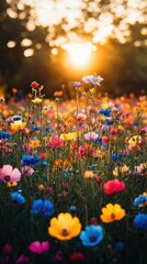 Sunset Bloom: A Vibrant Field of Colorful Flowers at Golden Hour