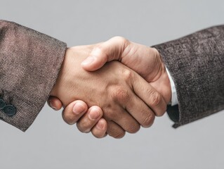 Two people shaking hands wearing suits against a neutral background.