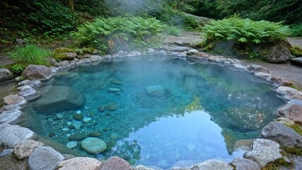 A serene hot spring surrounded by rocks and lush greenery, offering a tranquil and rejuvenating experience in a natural setting with crystal clear water