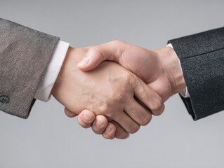 Two people shaking hands wearing business suits on a neutral background.