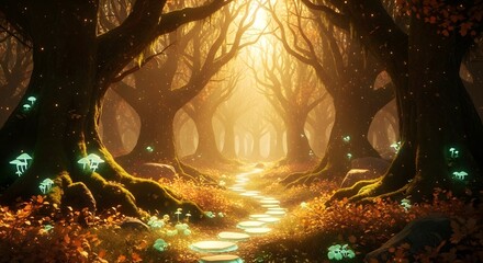 A glowing magical forest pathway with a beautiful ethereal sunlit atmosphere, surrounded by luminous, whimsical trees, and glowing mossy mushrooms in a fantasy setting