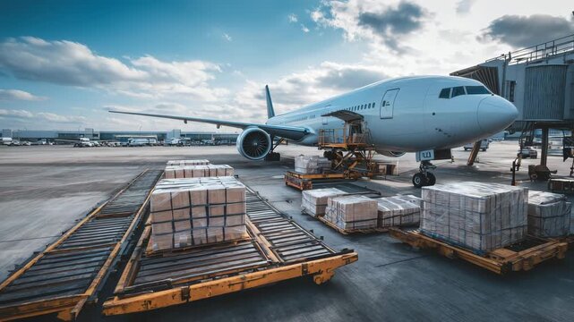 A large airplane stands at the airport while workers load various packages onto the plane. Bright clouds can be seen in the sky as air traffic continues around the busy terminal