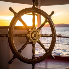 Ship's helm at sunset
