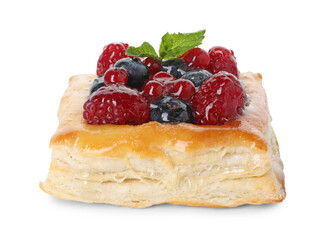 Tasty puff pastry with berries and mint isolated on white