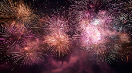 Dazzling magenta and gold fireworks burst across night sky background, purple smoke in the foreground and overlapping starbursts fill the frame, festive celebration atmosphere