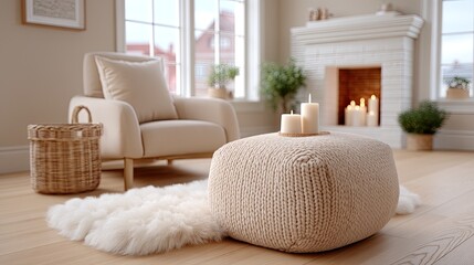 Cozy Neutral Living Room with Modern Armchair and Textured Pouf on Light Wood Floor Under Soft Daylight