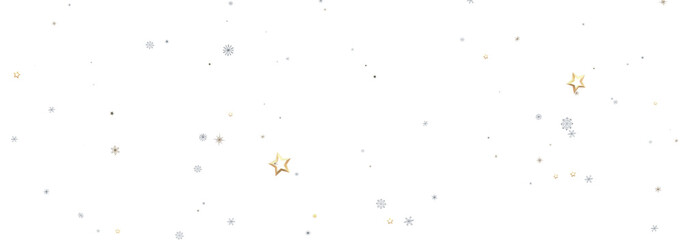 Festive background with gold stars and silver snowflakes on a white backdrop. Perfect for holidays.