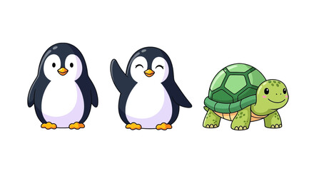 Obraz premium Adorable cartoon penguin and turtle friends ready for a children's book, greeting with playful charm