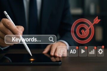 Handwriting digital keywords on tablet with advertising icons and target bullseye in red
