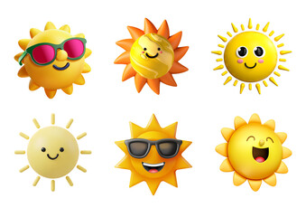 Set of six cute suns isolated on transparent background
