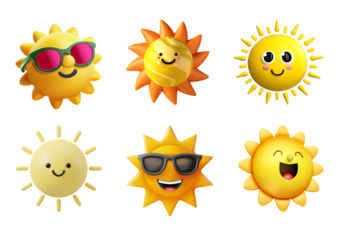 Set of six cute suns isolated on transparent background