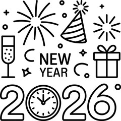 Festive New Year 2026 Celebration Bundle Design Featuring Fireworks Party Hat Champagne Glass Gift Box and Clock