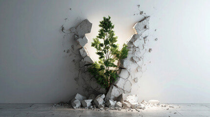 Vibrant green tree bursts through cracked concrete wall, rubble on tiled floor in the foreground, bright white studio background, concept of resilience and eco renewal