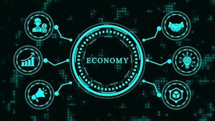 Economy concept with business icons around the circle on black background business, marketing, management, strategy, planning, success, investment and development concept - Powered by Adobe