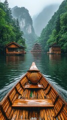 Serene Boat Ride Through Misty Mountains and Ancient Temples