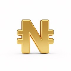 A golden 3D Nigerian naira symbol standing on a white surface,