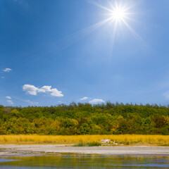 small calm lake with forest on the coast under a sparkle sun