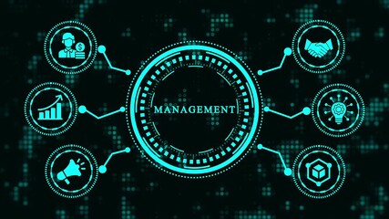 Management concept with business icons around the circle on black background business, marketing, management, strategy, planning, success, investment and development concept - Powered by Adobe