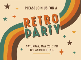 Retro party invitation with 70s rainbow and groovy typography. vintage disco flyer template. seventies retro poster design