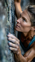 Rock climber ascending a cliff, focused on the challenge. Determination etched on her face as she navigates the terrain.