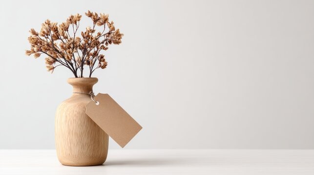 Dried flowers in a small wooden vase with a tag on a white surface.