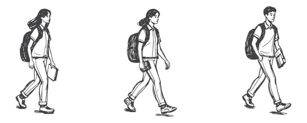 Architectural Drawings Hand Drawn Students Walking vector illustration, front view, human person Minimal style hand drawn. Sections, Elevations, Floor Plans