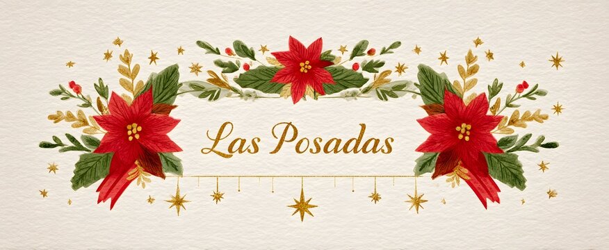 Las posadas glows with luxurious gold foil on textured cream paper amid cheerful festive garlands.