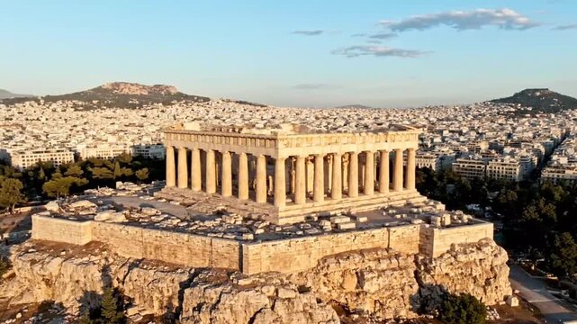 Aerial view of the parthenon in athens, greece, showcasing the ancient temple and the cityscape during a golden hour, highlighting the historical architecture