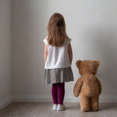 A little girl stands sadly with her teddy bear, facing the wall, because she is being punished.