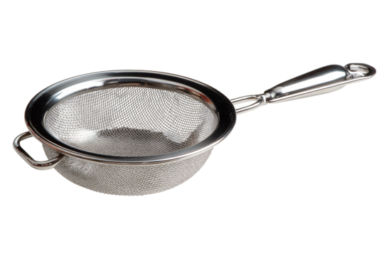 Shiny Stainless Steel Fine Mesh Strainer on Black Background
