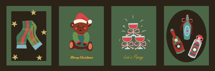 Christmas card designs set. Modern winter template cute hand drawn vector elements. Vintage dark color, whimsical style for greeting, poster, banner, wall decor, label, branding.