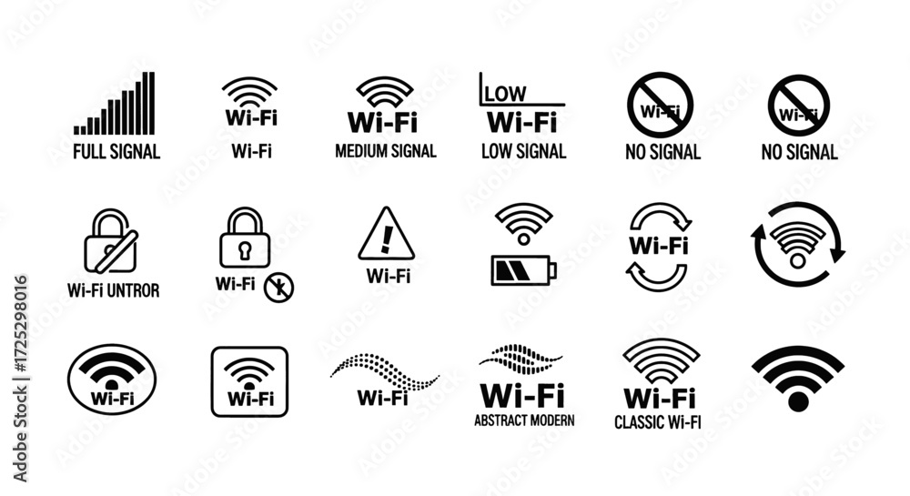 Wall mural diverse wifi signal icons showcasing connection strength and status for modern designs and tech inte