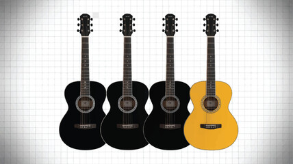 Naklejka premium A set of four acoustic guitars arranged horizontally on a white and black checkered backgroun 