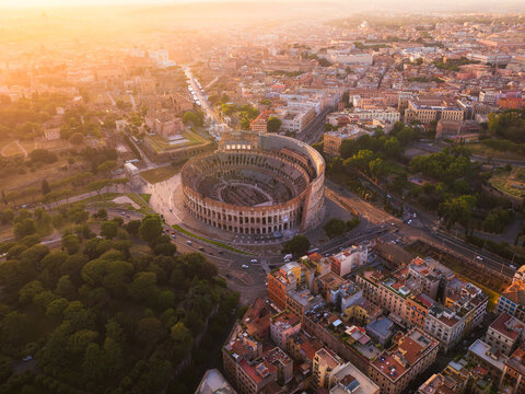 Aerial view of the Colosseum, an oval amphitheater in the heart of Rome, stands as a testament to ancient Roman architecture, Roma, Lazio, Italy.