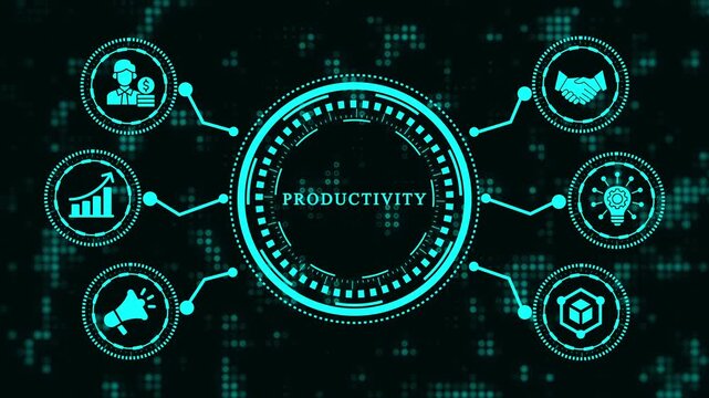 Futuristic concept showing productivity with icons representing business, success, and growth, emphasizing the importance of efficiency and effectiveness in achieving goals