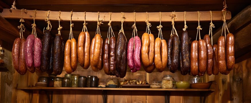 The sausages hanging evoke warm nostalgia and the passion of artisanal cured meats.