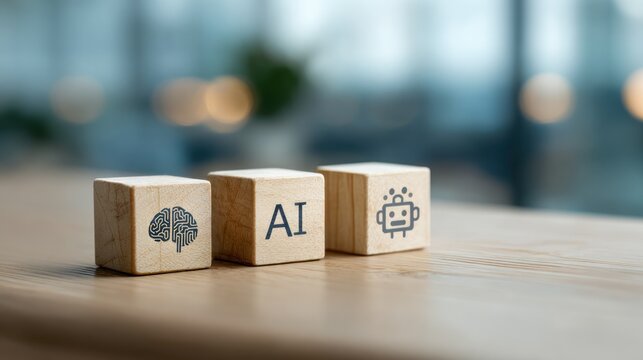 Three wooden blocks with ai brain and code icons on a table.