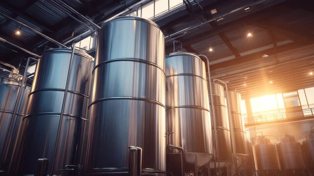 Tall, shiny metal tanks reflect warm sunlight in a large manufacturing space. The atmosphere is filled with the hum of machinery and the potential of production