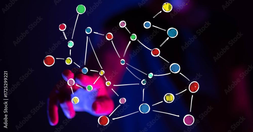 Poster abstract image of hand interacting with colorful network nodes. ideal for technology, connection, an