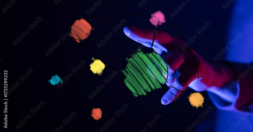 Poster abstract image of a hand interacting with a vibrant network of colorful nodes. perfect for technolog