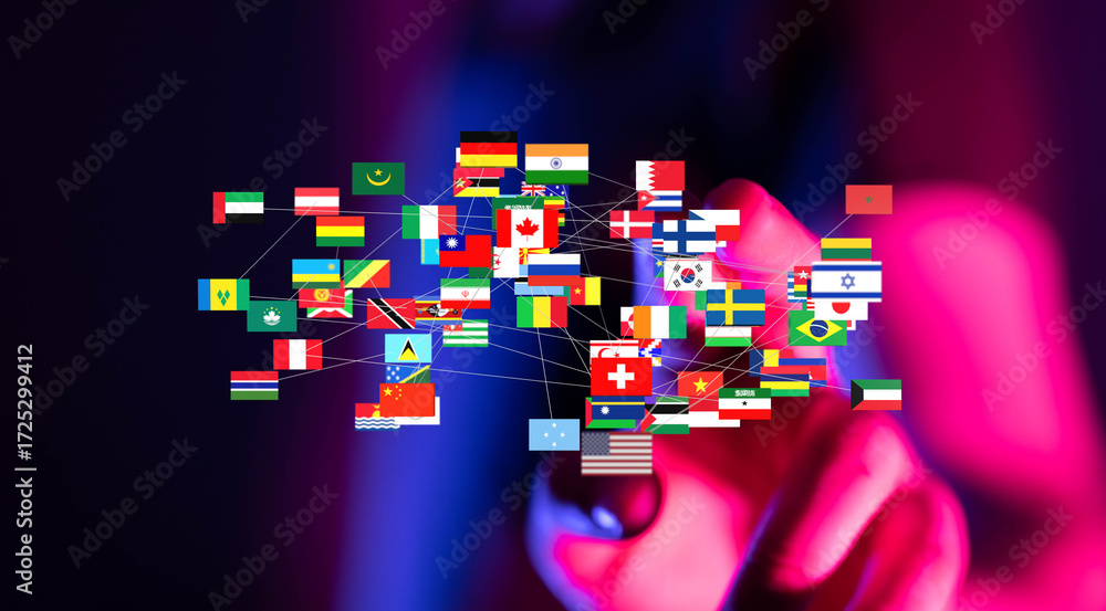 Poster abstract image of interconnected world flags, representing global communication and networking.