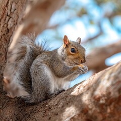 Fototapeta premium A gray squirrel sits perched on a tree branch eating