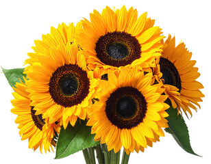 Close-up of a bouquet of bright yellow sunflowers with dark brown centers