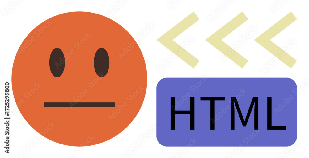 Poster neutral orange emoticon face alongside coding arrows and html code block, representing web developme