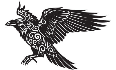 Stylized Flying Raven Silhouette with Ornate Decorative Patterns
