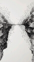 Abstract monochrome network of nodes forms a fragile bridge between rocky cliffs on a white background with negative space, ink dots and lines hint at data links, concept of bridging the gap