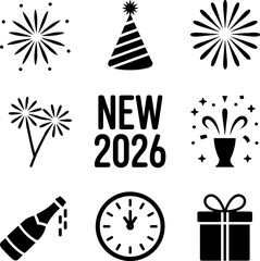 Celebrate New Year 2026 with Festive Icons Featuring Fireworks Party Hats Champagne Bottles Clocks and Gifts for a Joyful Holiday Season Bundle Design
