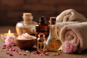 Relaxing Spa Day: Essential oils, bath salts, plush towels, flowers, and candlelight create a serene spa ambiance.