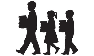 Children Silhouettes Walking and Carrying Stacks of Books