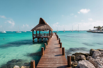 Fototapeta premium Tropical dock with thatched hut leading into turquoise water. Sailboats dot the horizon under a clear blue sky, inviting peaceful reflection.